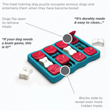 Nina Ottosson Dog Brick Puzzle – Level 2 interactive dog toy with treat-hiding flip lids, sliding panels, and removable bone covers.