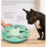 Nina Ottosson Dog Worker Green puzzle toy with flippers, blocks, and spinning centre for advanced dog enrichment.