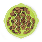 Bright green Nina Ottosson Kitty Slow Feeder with maze design and a slip-resistant base for cats eating wet or dry food.