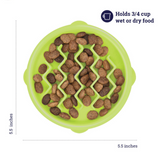 Bright green Nina Ottosson Kitty Slow Feeder with maze design and a slip-resistant base for cats eating wet or dry food.