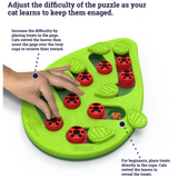 Green Nina Ottosson Buggin' Out cat puzzle with pegs, leaves, and treat compartments for interactive play.