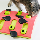 Pink Nina Ottosson Melon Madness cat puzzle with pegs and seed compartments for treat-hunting fun.