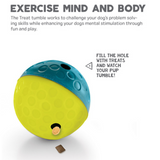 Bright blue and yellow Nina Ottosson Treat Tumble dog puzzle toy dispensing treats as a dog plays.