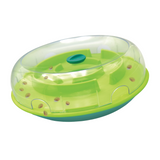 Nina Ottosson Wobble Bowl treat puzzle toy with kibble dispensing as a dog wobbles the bowl.