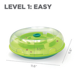 Nina Ottosson Wobble Bowl treat puzzle toy with kibble dispensing as a dog wobbles the bowl.
