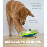 Nina Ottosson Wobble Bowl treat puzzle toy with kibble dispensing as a dog wobbles the bowl.