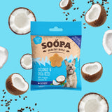 Pocket-friendly Soopa Healthy Bites Coconut & Chia Seed dog treats in eco-friendly recyclable packaging, perfect for healthy coats and digestion