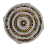 Outward Hound Fun Feeder Drop Grey featuring meal-lengthening ridges and grooves, available in medium and large sizes.