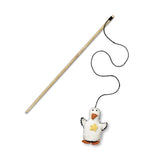 A beige teaser toy featuring a penguin attached to a catnip toy with a string.