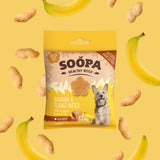 Pocket-sized Soopa Healthy Bites Banana & Peanut Butter treats in eco-friendly recyclable packaging, perfect for dogs of all sizes.