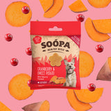 Eco-friendly Soopa Healthy Bites Cranberry & Sweet Potato treats in recyclable packaging, perfect for immune support and healthy digestion.