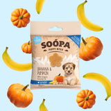 Soopa Healthy Bites Puppy Banana & Pumpkin treats in eco-friendly recyclable packaging, perfect for training and gentle on tummies.