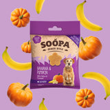 Soopa Healthy Bites Senior Banana & Pumpkin treats in recyclable eco-friendly packaging, ideal for older dogs with sensitive teeth.