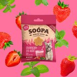 Soopa Healthy Bites Strawberry Dog-Quiri treats with eco-friendly packaging, strawberries, coconut, and mint ingredients.