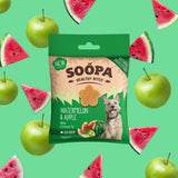 Soopa Healthy Bites Watermelon & Apple dog treats with eco-friendly packaging, featuring fresh watermelon and apple slices.