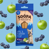 Soopa Superfood Dental Sticks Apple & Blueberry in eco-friendly packaging – natural grain-free dog dental chews.