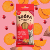 Soopa Superfood Dental Sticks Cranberry & Sweet Potato – natural grain-free dental chews for dogs with antioxidants and vitamins in eco-friendly packaging.