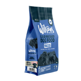 A package of Wilsons Premium Cold Pressed Dog Food featuring an image of a dog on the front, with a blue and white color scheme and brand logos.