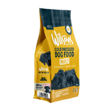 A package of Wilson's Premium Cold Pressed Dog Food with an image of a black dog on the front. The packaging is predominantly yellow and black with text detailing the product type and benefits.