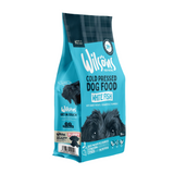 Blue bag of Wilson's Cold Pressed Dog Food with white fish on a white background