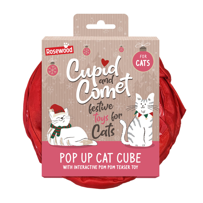 Rosewood Candy Cane Cat Cube with Pom Pom Toy