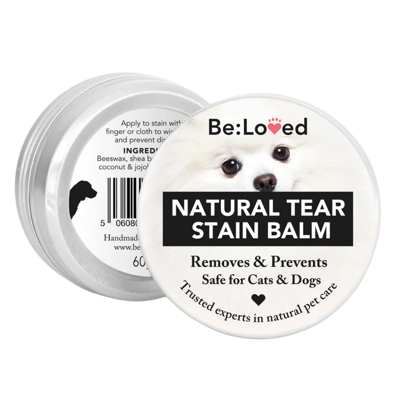 BeLoved BeClear Pet Tear Stain Cure Balm in a tin, gentle solution for removing and preventing tear stains for cats and dogs.
