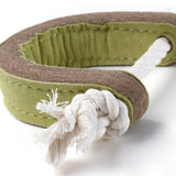 Eco-friendly Push Me, Pull Me dog toy made from natural jute and soft suede, perfect for tugging and fetching.
