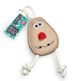 Spud Nik eco-friendly dog toy made from natural jute and soft suede, featuring long jute legs for interactive play.
