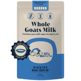 A package of Hackney Dog House Whole Goats Milk Powder for dogs and cats. The packaging is primarily blue and white, with product information and branding visible.