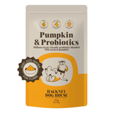 Hackney Dog House Pumpkin & Probiotics for Dogs Packet with text and branding on a white background