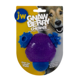 JW Dog Gnawberry Chew-ee treat dispensing dog toy with scrubber knobs, designed for dental cleaning and interactive play.