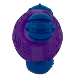 "JW Dog Gnawberry Chew-ee treat dispensing dog toy with scrubber knobs, designed for dental cleaning and interactive play."

