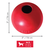 Red KONG dog toy with dimensions and weight range label on a white background