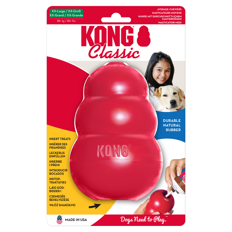 Red KONG Classic dog toy with a hollow centre for stuffing treats, made from durable rubber.